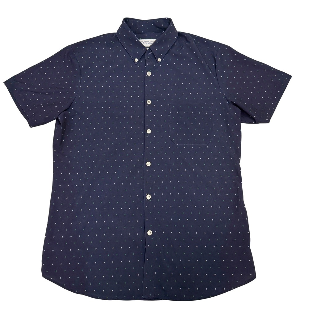 Mizzen + Main Leeward Short Sleeve Dress Shirt L Trim Fit Navy Green White Dots